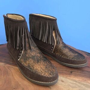 Montana West Fringe Ankle Boots Hair-On Cowhide Back Zip Coffee Women's 7/8 DESC